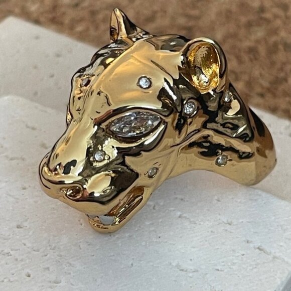 Alexis Bittar Jewelry - Alexis Bittar Panther Head Ring Gold Crystal Sculptural Animal Statement Ring Ra